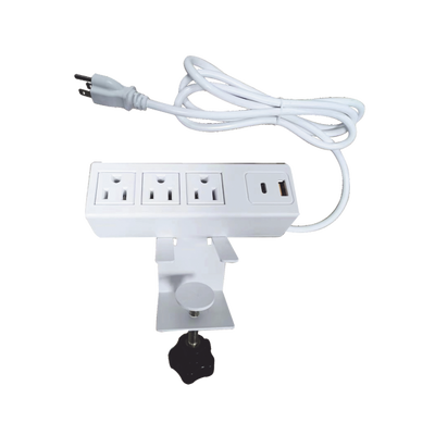 Tomacorriente para Escritorio / Cuenta con Bracket Ajustable a Diferentes Grosores / 3 Contactos 110VCA / 2 Contactos para Carga USB ( 1 contacto USB-A + 1 contacto USB-C ) | EM-3AC-WH
