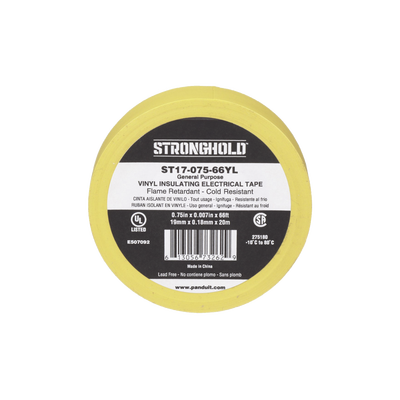 Cinta Eléctrica STRONGHOLD para Aislar, de PVC, Uso General Reparación y Mantenimiento, Grosor de 0.18mm (7 mil), Ancho de 19mm, y 20.12m de Largo, Color Amarillo | ST17-075-66YL