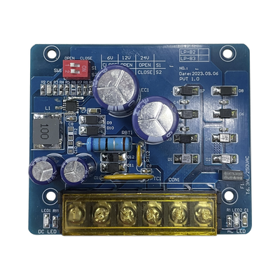 Fuente tipo tarjeta con salida seleccionable en : 6 o 12  o 24 Vcc @ 1.5 A / 1 salida / requiere transformador de entrada en Vca  / capacidad de baterías / baterías no incluidas. | PL-B2