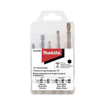 Juego de 5 Brocas con Inserción Hexagonal de 1/4". De concreto: 3/16" y 1/4". Para metal: 1/8", 3/16" y 1/4". | D-23765