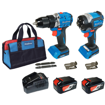 Kit Taladro Percutor y Atornillador de Impacto 20V / Motor Brushless / 2 Baterías 4.0Ah Li-ion / Cargador y Bolsa de Transporte | DNG-KTP01