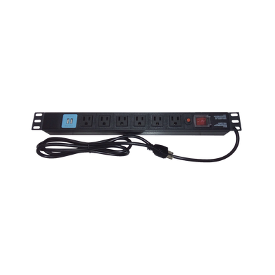 Tomacorriente Horizontal (PDU) de 6 contactos (NEMA 5-15R) + 2 USB para instalación en Rack de 19", 1UR, 125 Vca/ 15 A (THE0040091001001) | THTCM6CUSB