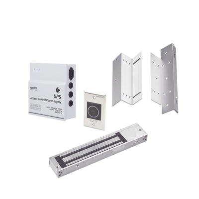 Kit para control de acceso incluye Fuente de 12VCD con respaldo de batería/ Chapa magnética de 600Lbs / Montajes L y Z / Botón de salida | KITMAG12V
