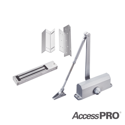 Kit para control de acceso incluye Chapa magnética de 600Lbs / Montajes L y Z / Cierra puerta para 45-65Kg. | ACCESSKIT600N