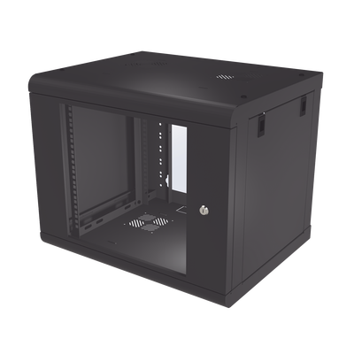 Gabinete de Pared de 9U con Puerta de Cristal Templado, 479.5 mm de Profundidad, Rack de 19'', Acero Reforzado Color Negro. | SR-1909-LH2G