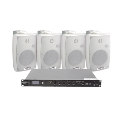 KIT de Amplificador de Audio 120W para Rack | 4 Altavoces de Pared color Blanco 2.5W - 20W | Sistema 70/100V | SF120DTB/4WSW