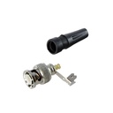 Conector BNC macho en 75 Ohm, para cable coaxial RG-59 / Con base de alivio negra de PVC, Níquel/ Oro/ PTFE. | TT-RG-93
