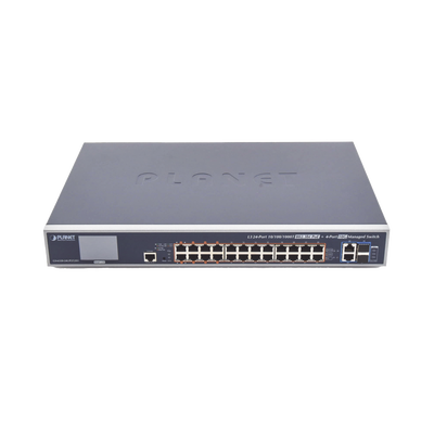 Switch Administrable L3, 24 puertos Gigabit PoE 802.3bt, 2 puertos 10G SFP+, Pantalla Tactil, Fuente Redundante, (600W) | GS-6320-24UP2T2XV