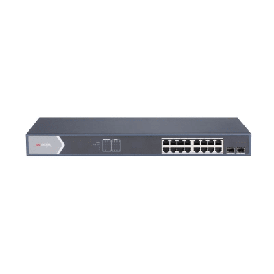 Switch Gigabit PoE+ / Administrable / 16 Puertos 1000 Mbps PoE+ / 2 Puertos SFP / Configuración Nube desde Hik-ParnerPro / PoE hasta 300 Metros / 225 Watts | DS-3E1518P-SI