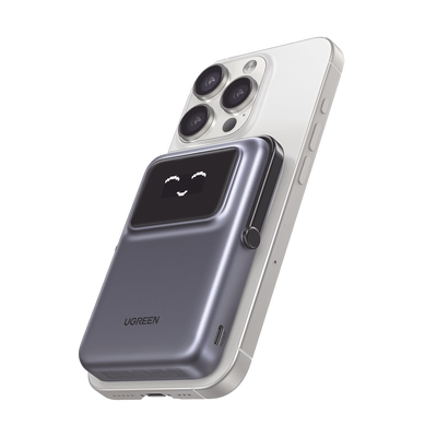 Power Bank Serie UNO Inalambrico | 10000mAh | 7.5W/20W  |  Con Emojis de Estado | Carga Rápida USB-C Bidireccional  | Pantalla TFT  Inteligente | Con Holder | Color Grey. | 45327