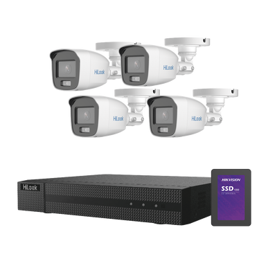 Kit TurboHD 1080p + SSD 500 GB / DVR 4 Canales / 4 Cámaras Bala ColorVu con Micrófono Integrado / Fuente de Poder / Accesorios de Instalación | HL-1080-CV/A/512GB