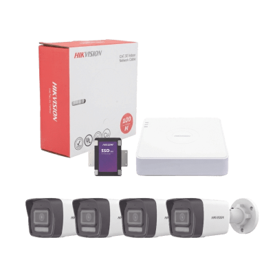 Kit IP 4 Megapixel / NVR de 4 Canales con 4 Puertos PoE / 4 Cámaras IP Bala Dual Light (IR + Luz Blanca) con Microfono Integrado y ACUSENSE Lite para Exterior/ Bobina de Cable de 100 mts / SSD de 1 TB | KIT4MP/4B/1TB