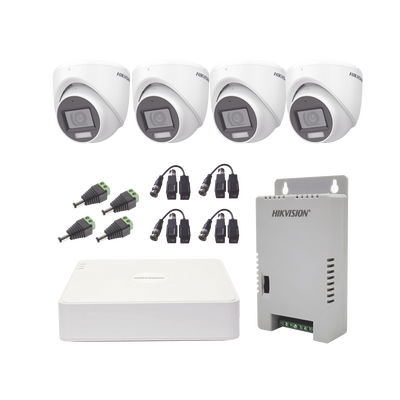 KIT TurboHD 1080p / DVR 4 Canales con audio por coaxitron / 4 Cámaras con Micrófono y  106° Visión/  luz blanca + IR visión nocturna  / Transceptores / Conectores / Fuente de Poder Profesional | KH1080P4ESFH