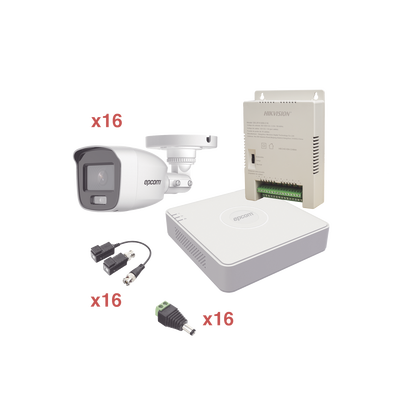 Kit TurboHD 1080p Lite / DVR 16 Canales / 16 Cámaras Bala Exterior ( 2.8mm) con ColorVu + Micrófono Integado / Transceptores / Conectores / Fuente de Poder Profesional | KE1080PL/16BCA