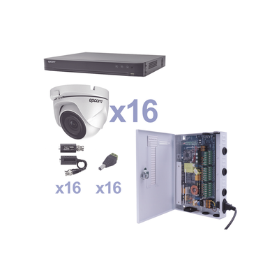 KIT TurboHD 1080p / DVR 16 Canales / 16 Cámaras Eyeball (exterior 2.8 mm) / Transceptores / Conectores / Fuente de Poder Profesional | KEVTX8T16EW