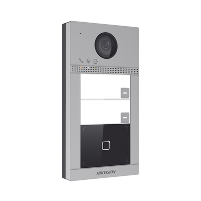 Videoportero IP 2 Megapixel / Llamada y Apertura Remota desde App Hik-Connect (requiere monitor) / PoE / Exterior IP65 + Antivandalico IK08 / 2 Departamentos / Apertura con Tarjeta / Soporta 2 Puertas y hasta 6 Monitores | DS-KV8213-WME1(C)