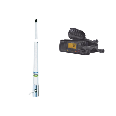 Kit de radio móvil VHF marino modelo UM-385 color negro y antena marina Shakespeare en fibra de vidrio 5101 | UM-385BK/5101