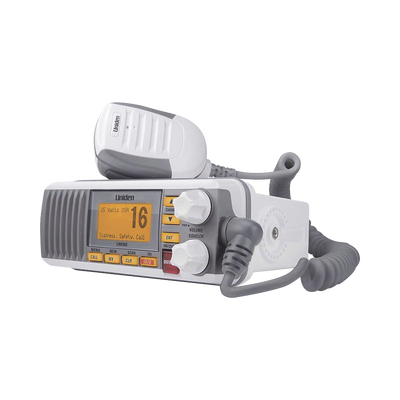 Radio Móvil Marino VHF, color blanco, Tx: 156.025 - 157.425 MHz, Rx: 156.050 - 163.275 MHz, 25W de potencia, sumergible IPX4 incluye micrófono y cable de alimentación | UM-385
