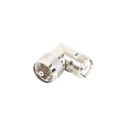 Adaptador en Ángulo Recto, de Conector UHF Macho (PL-259) a UHF Hembra (SO-239), Níquel/ Oro/ Delrin. | RFU-532