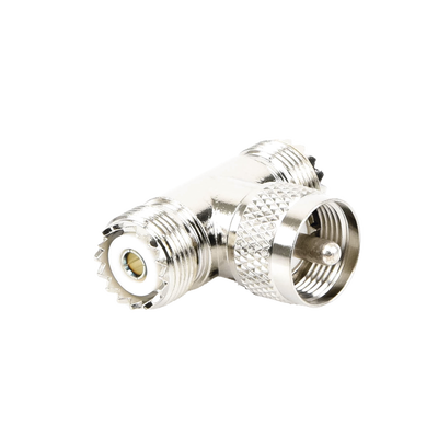 Adaptador en forma T, de Conector UHF Macho (PL-259) a Doble UHF Hembra (SO-239), Níquel/ Plata/ Delrin. | RFU-533