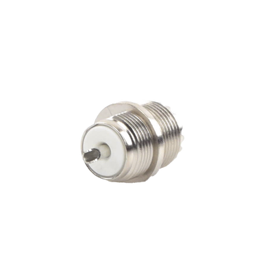 Conector UHF Hembra (SO-239) en Línea, Montaje Frontal en D Plano, Níquel/ Plata/ Baquelita. | RFU-523
