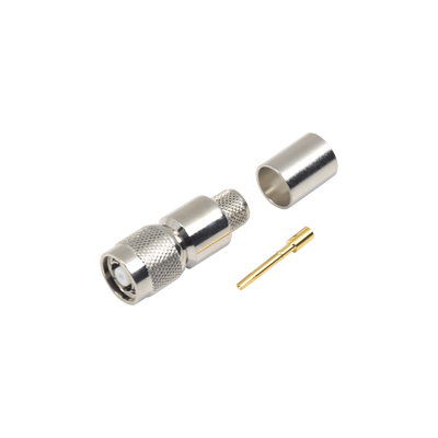 Conector TNC Macho Inverso, Anillo Plegable para ensamblar en cables RG-8/U, LMR-400, Niquel, Oro, Teflón | RP-1202-I