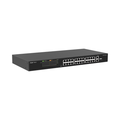 Switch PoE+ no Administrable, hasta 370 Watts Ideal para CCTV, 24 Puertos 10/100 PoE+, 2 Uplinks Gigabit (1 SFP COMBO) | RG-ES126FGS-P