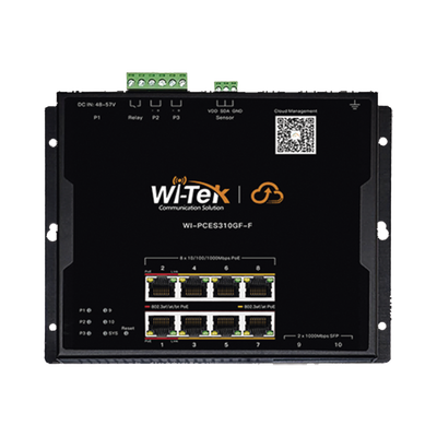 Switch L2 PoE Industrial / Administración Cloud Gratuita / 8 Puertos PoE af/at/bt 10/100/1000 Mbps / 2 Puertos SFP Gigabit / Máx Presupuesto PoE 145 W / Montaje Magnético - Riel DIN. | WI-PCES310GF-F