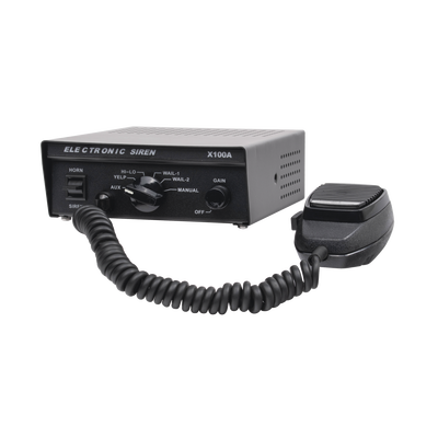 Sirena Vehicular de 100W de Potencia, Con Switch Giratorio de 6 posiciones y Micrófono Integrado de Uso Rudo | X100A