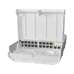 [CRS318-16P-2S+OUT] (netPower 16P) Switch administrable Sistema Operativo Dual, 16 puertos c/PoE, 2 puertos 10G SFP+ para Exterior | CRS318-16P-2S+OUT